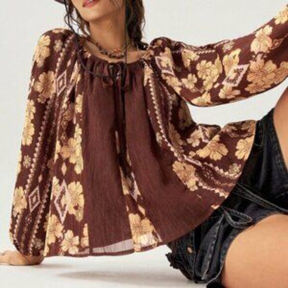 Multicolor Boho Women's Brown Relaxed Fit Pattern Patchwork Shirt - Picture 3 of 7